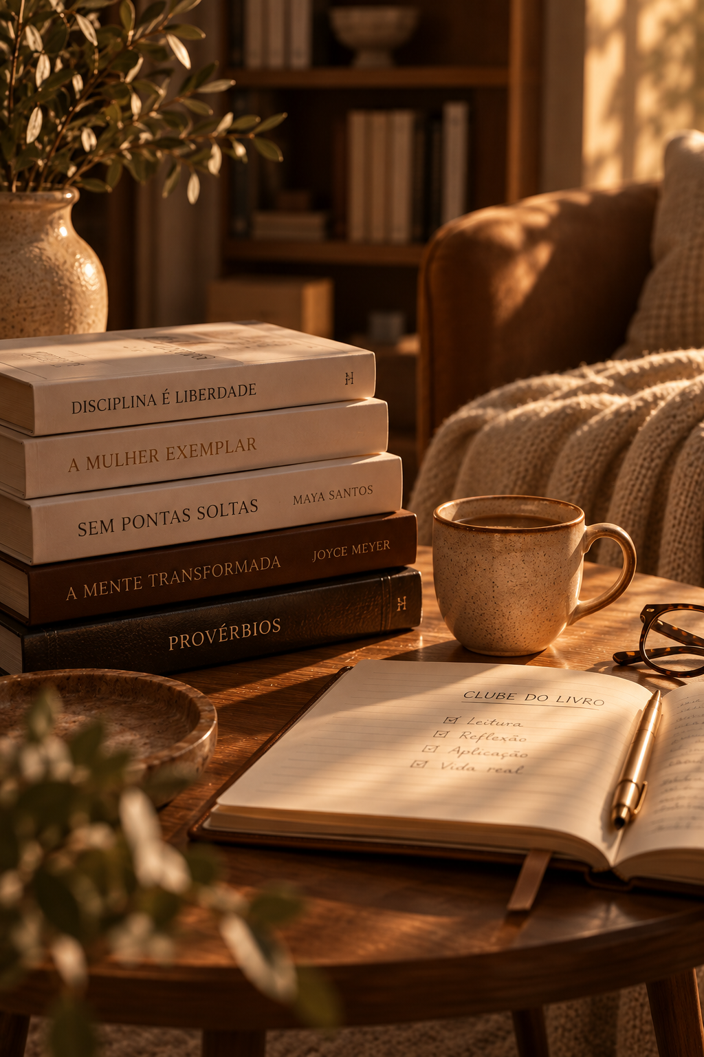 Livros e caderno de leitura sobre uma mesa iluminada